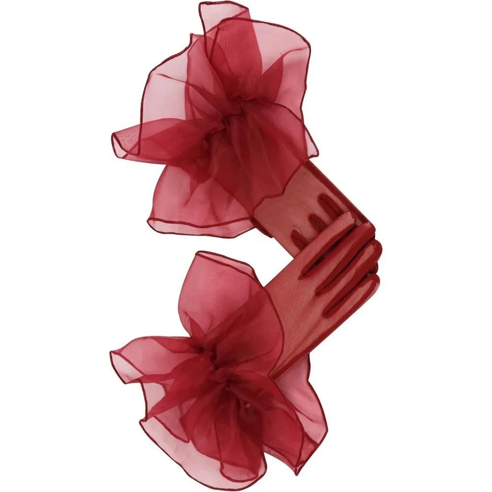 Women's Pink Short Mesh Imported Tulle Sheer Lace Ruffles Gloves